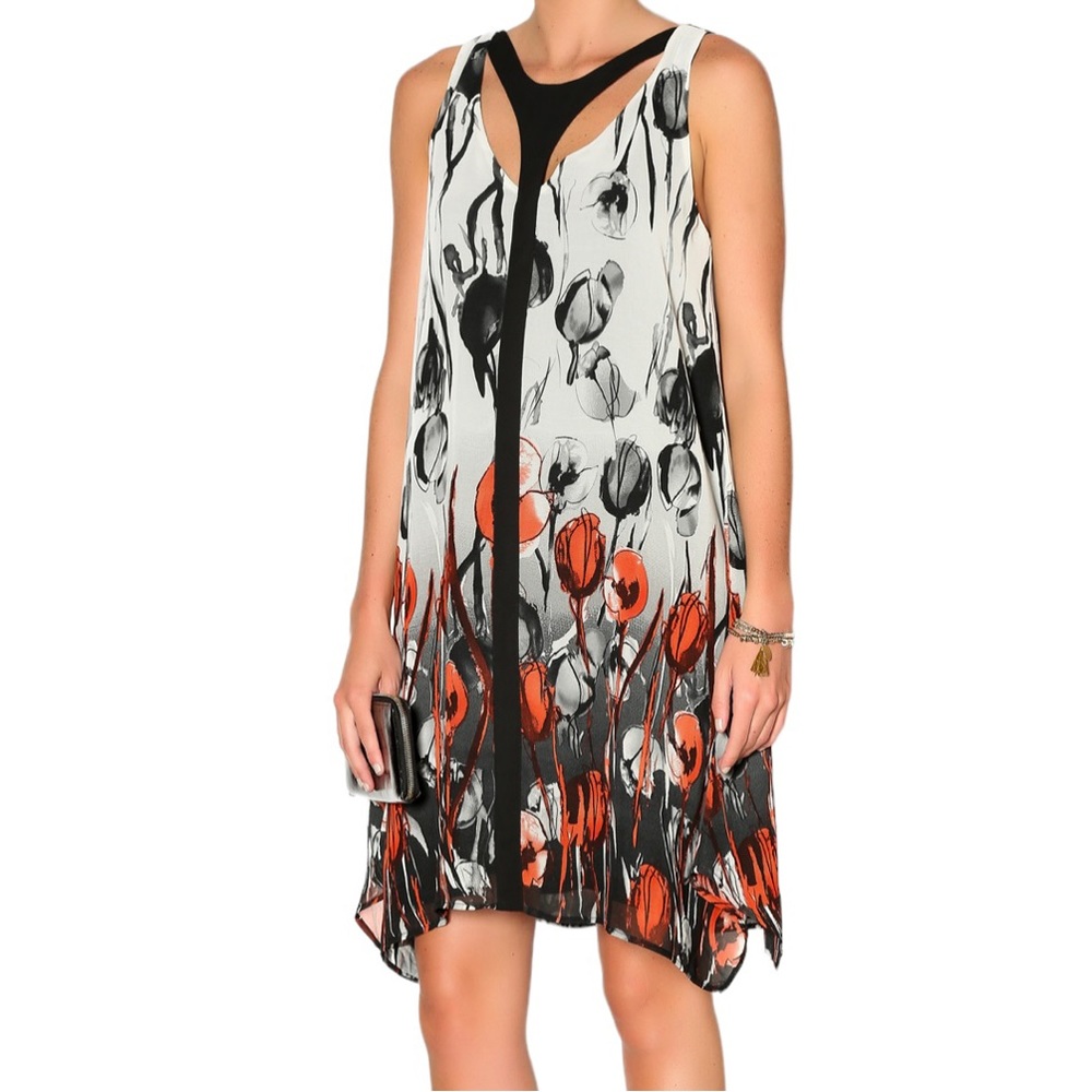 Clotheshead Black/White/Orange Abstract Floral "Black Poppy" Sleeveless Dress